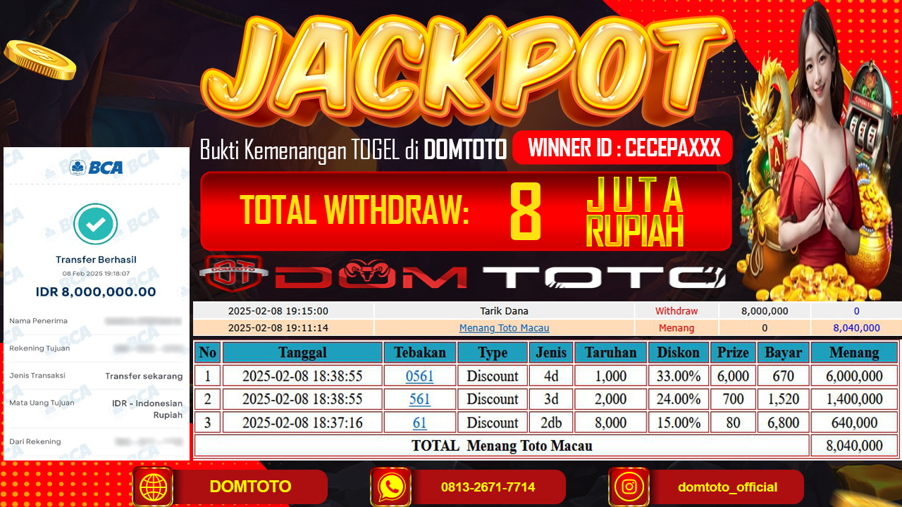 JACKPOT  TOGEL TOTOMACAU 4D 8 FEBRUARI 2025